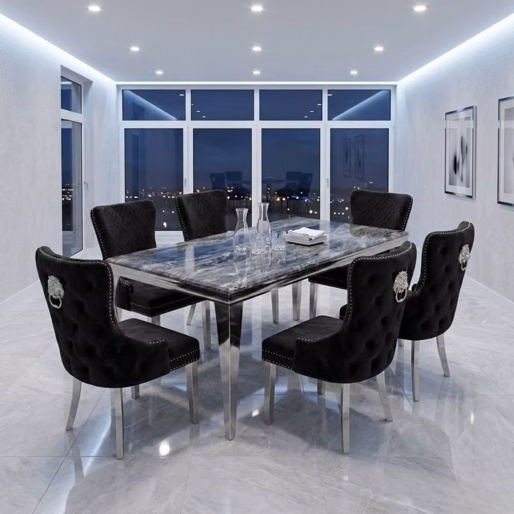Home Luxe Interior Sofia Grey Marble Dining Table and 6 Victoria Black and Silver Chairs – 2