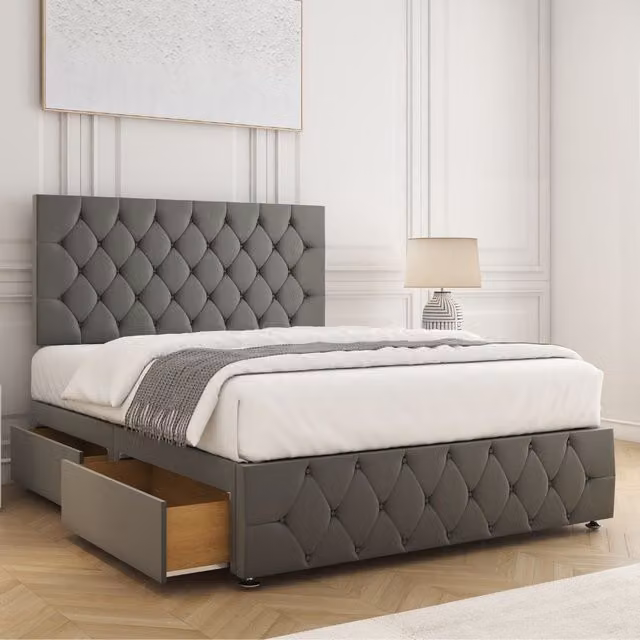 BSSPOKE Mulberry Grey Velvet Upholstered Divan Bed with 4 Drawers, Headboard and Mattress, W/D/H: 140 x 200 cm