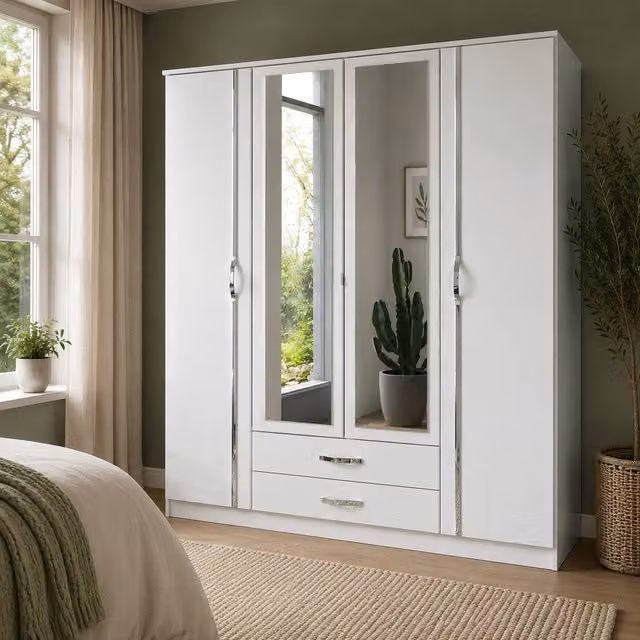 KDMD Duo 4 Door Glossy White Wardrobe with Mirrors and 2 Integrated Drawers