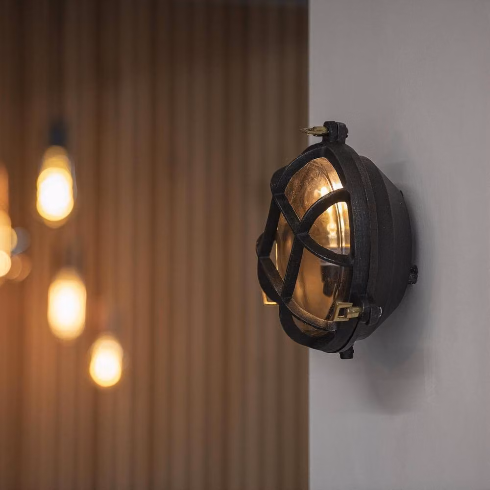 Industville Bulkhead Round Wall Light in Black with Transparent Glass for Outdoor and Bathroom Use, Diameter: 20.32 cm – 4