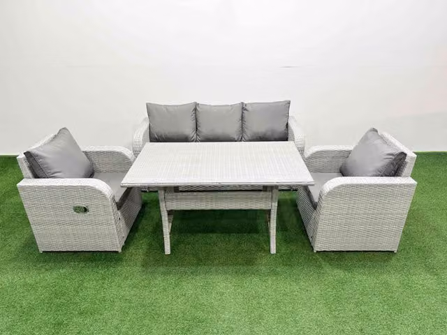 Fimous PE Rattan Garden Furniture Set with Reclining Chairs, Lounge Sofa and Rectangular Dining Table in Light Grey