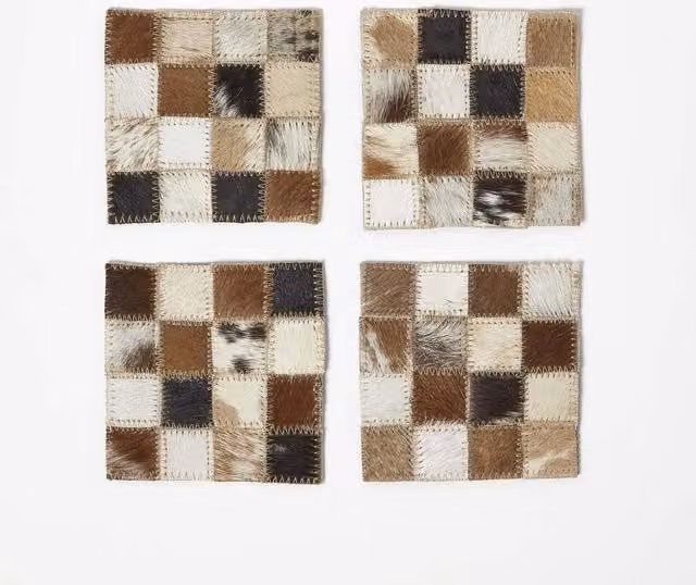 Homescapes Checked Brown and Multicolour Leather Coaster Set of 4
