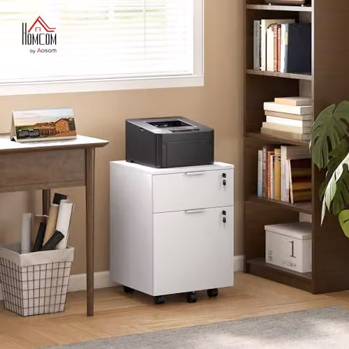HOMCOM 2 Drawer Mobile Filing Cabinet with Lock and Castors in White – 2