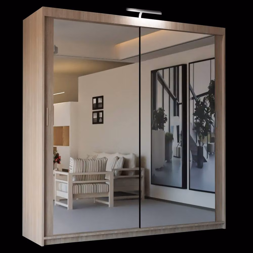 Sliding Wardrobes 4U Modern Mirror Sliding Wardrobe with Integrated LED Light in Light Oak, W: 100 cm, H: 217 cm – 2