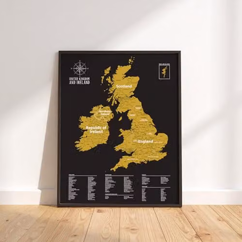 Gleneagles UK & Ireland Travel Tracker Scratch Off Poster in Black and Gold, W: 54 cm, H: 70 cm – 4