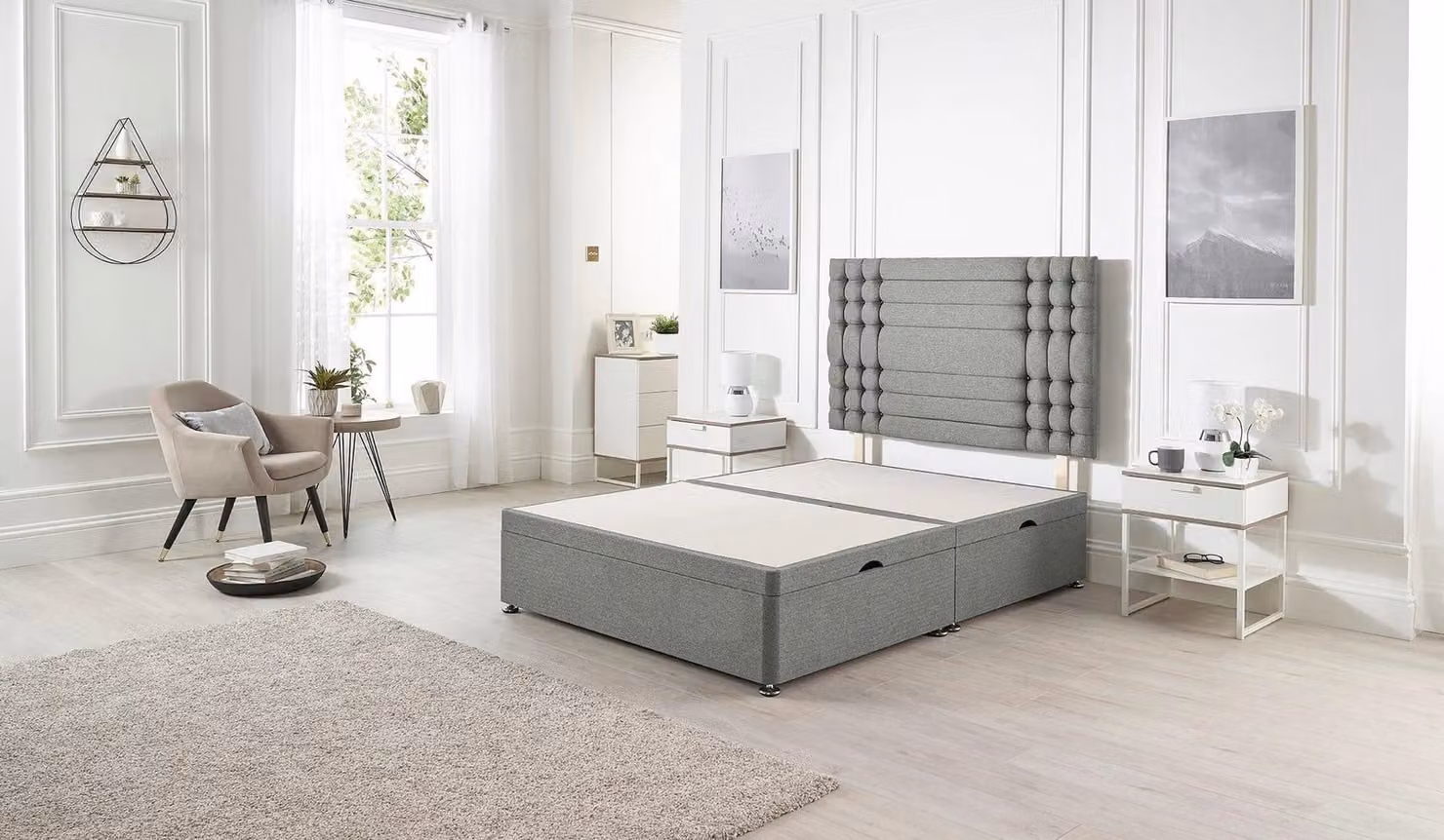 Somnior Flexby Super King Ottoman Bed with Headboard in Grey Tweed Fabric – 1