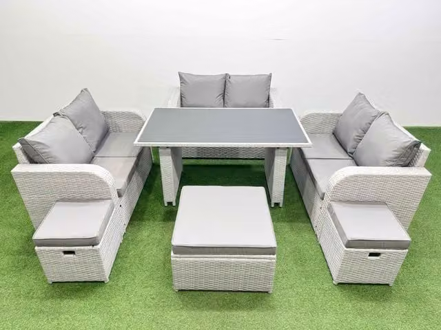 Fimous 9 Seater Modern Rattan Garden Furniture Set with 3 Stools in Light Grey