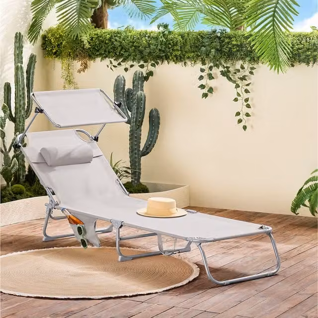 SoBuy Outdoor Garden Beach Folding Sun Lounger with Adjustable Sun Canopy and Headrest, Beige