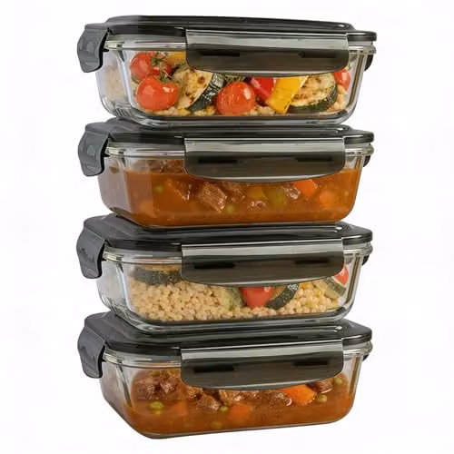 MantraRaj 4 Pack Airtight and Leakproof Glass Food Storage Containers with Lids, 380ml, Blue and Transparent – 1
