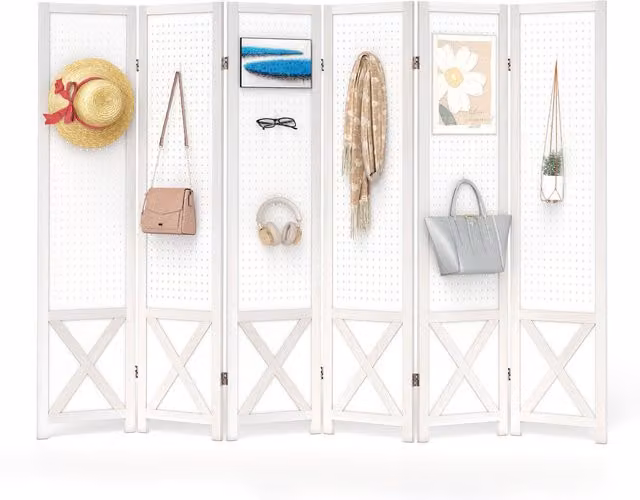 COSTWAY 6-Panel White Pegboard Room Divider with Minimalist Matt Wood and Metal Design