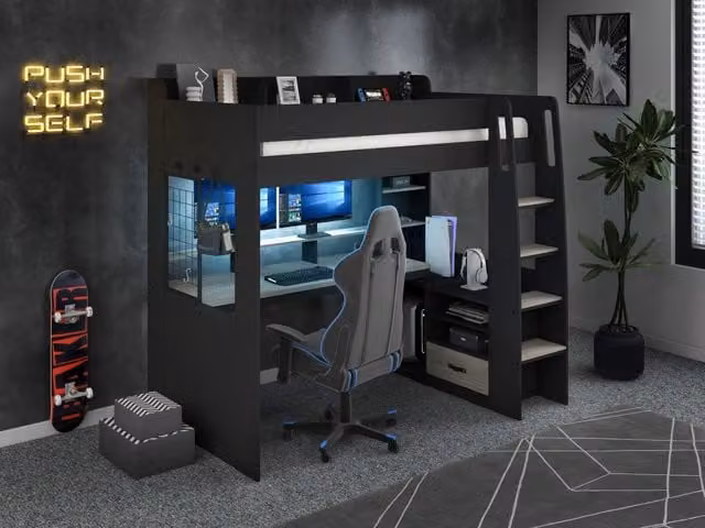 Recoil Kyrk Gaming High Sleeper Bed in Black, Single W/D/H: 90 x 190 cm