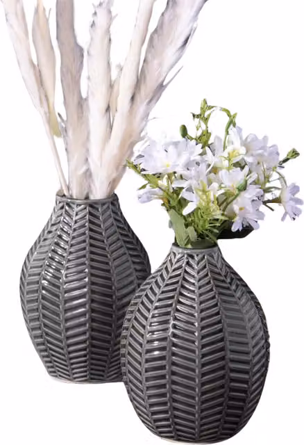 Pirlo Plush Set of 2 Grey and Black Leaf Ceramic Tabletop Vases