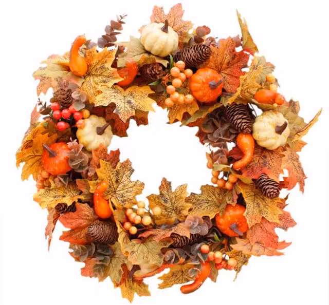 H&O Direct Orange Artificial Hanging Wreath for Halloween and Autumn Decor, Diameter: 50 cm