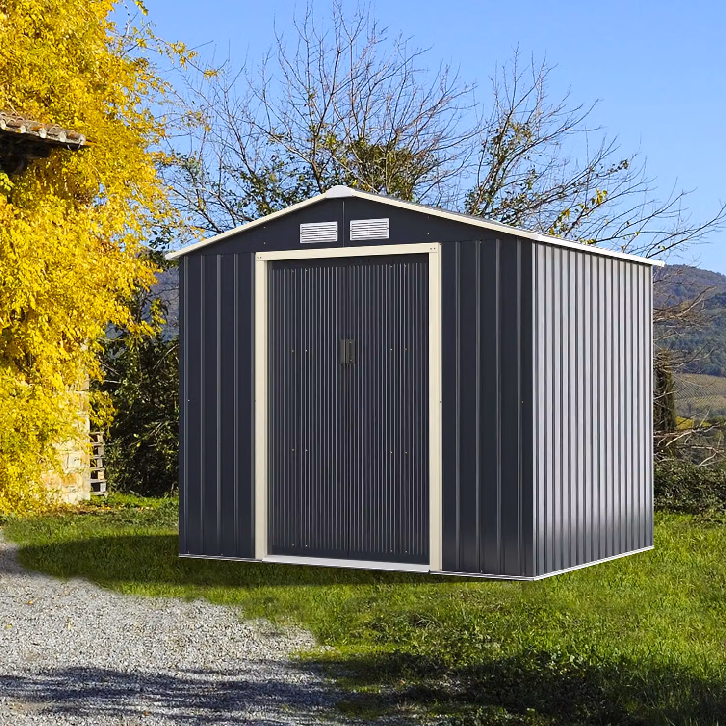 Costway Metal Storage Shed and Extension Kit in Grey with Lockable Sliding Doors and Side Vent – 7