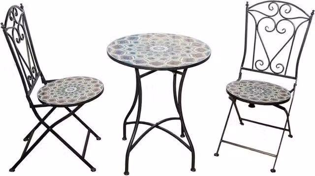 Shatchi Mosaic Bistro Set with Round Multicolour Ceramic Table and Two Folding Chairs – 1
