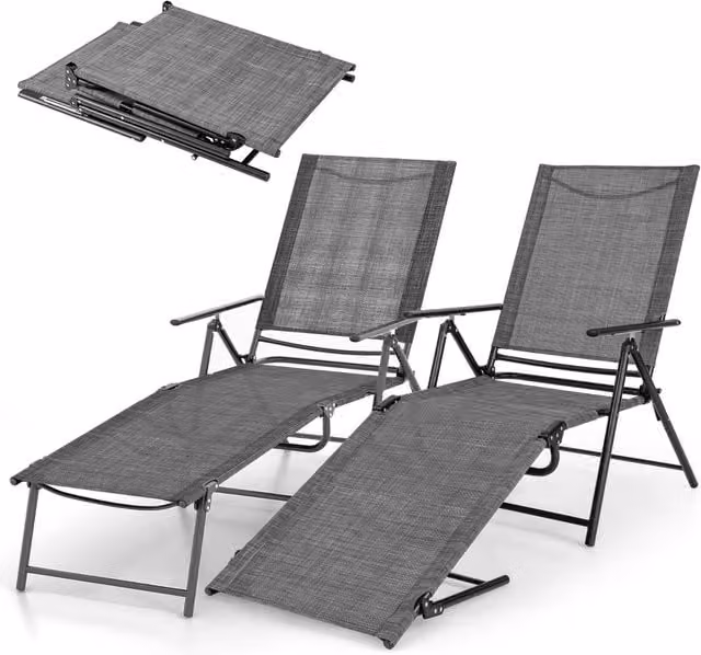 Costway Set of 2 Grey Folding Chaise Lounge Chairs with Adjustable Headrest and Armrests
