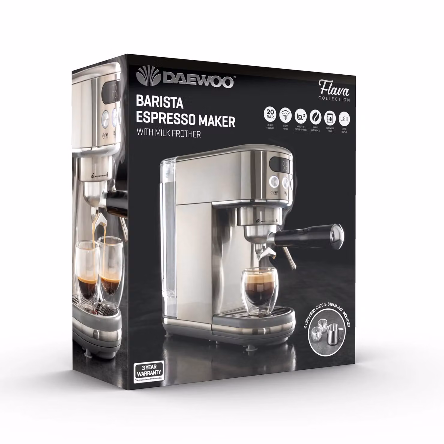 Daewoo 20 Bar Espresso Machine with Digital Display and Milk Frother in Silver – 7