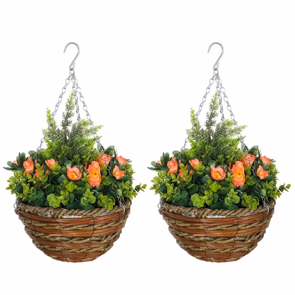 STILVORA Set of 2 Artificial Lisianthus Hanging Flower Pots in Orange – 4