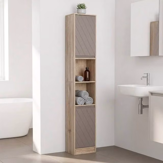 STILVORA Modern Freestanding Bathroom Cabinet in Light Oak with Adjustable Shelves and Hinged Doors, H: 170 cm, W: 30 cm – 1