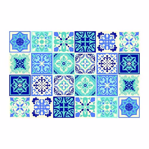 WALPLUS Daliah Mediterranean Blue and Turquoise Adhesive Wall Tile Sticker Set, 24 pcs, W/H: 15 x 15 cm – 1