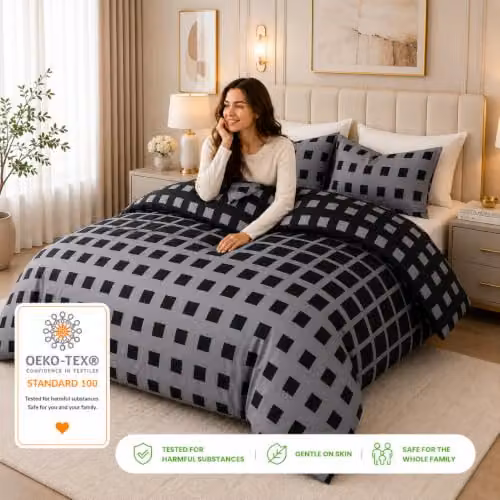 Grace 4 Piece Microfibre Reversible Duvet Cover Set with Matching Fitted Sheet in Black or Grey – 7