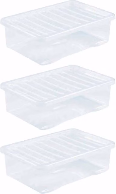 FORGEVIO Set of 3 Transparent Plastic Large Storage Boxes with Lids, 32 Litres Each, W: 50 cm