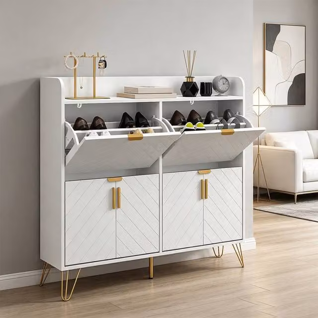 ERGOVEXA Modern Slim White Shoe Cabinet with 4 Tilting Compartments and Ventilation