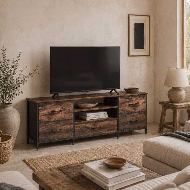 Wyld Haus Beladen Industrial TV Stand with Built-in Power and Storage in Brown and Black