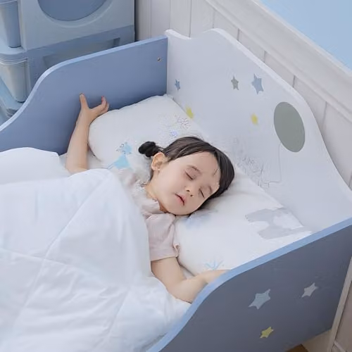 HOMCOM Kids Star and Balloon Single Bed Frame with Safe Guardrails in Blue and White – 2