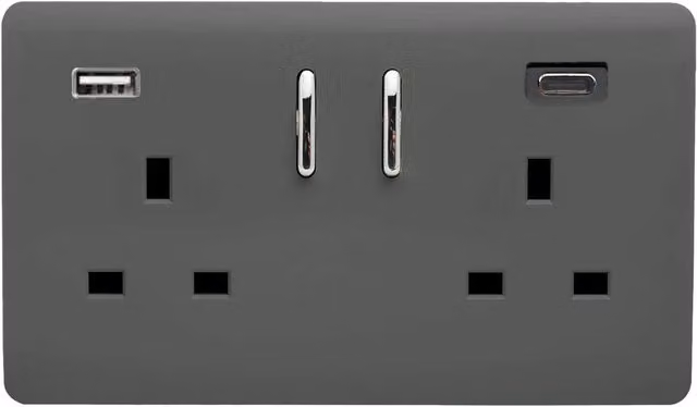 Trendi 2 Gang 13 Amp USB Switch Plug Socket with Type A and C Ports, Charcoal Grey