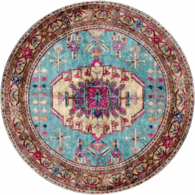 The Rug House Distressed Bordered Persian Style Non Slip Washable Area Rug in Petrol and Pink, W/D/H: 180 x 180 x 1 cm