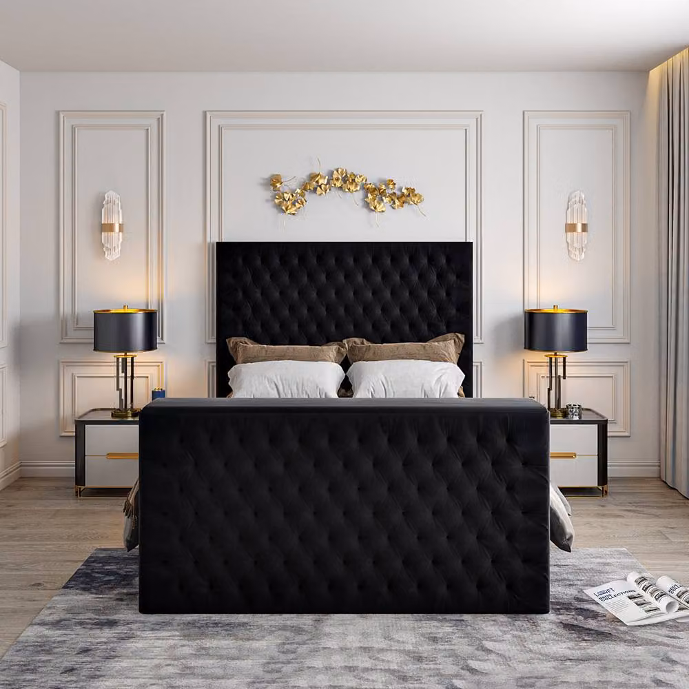 KDMD Angram Super King Upholstered Soft Velvet TV Bed Frame with Lift Up Base in Black – 6