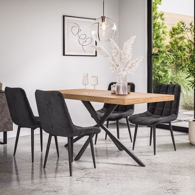 More4Homes Donni Dining Table and 6 Nova Velvet Dining Chairs Set, Oak Effect Table Top with Black Legs