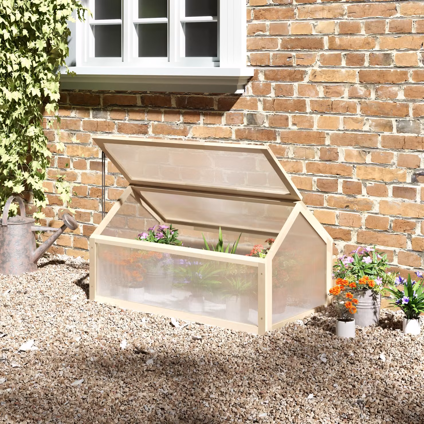 Outsunny Polycarbonate and Wooden Cold Frame Greenhouse with Top Opening for Flowers and Vegetables, W/D/H: 90 x 52 x 50 cm, Natural – 2