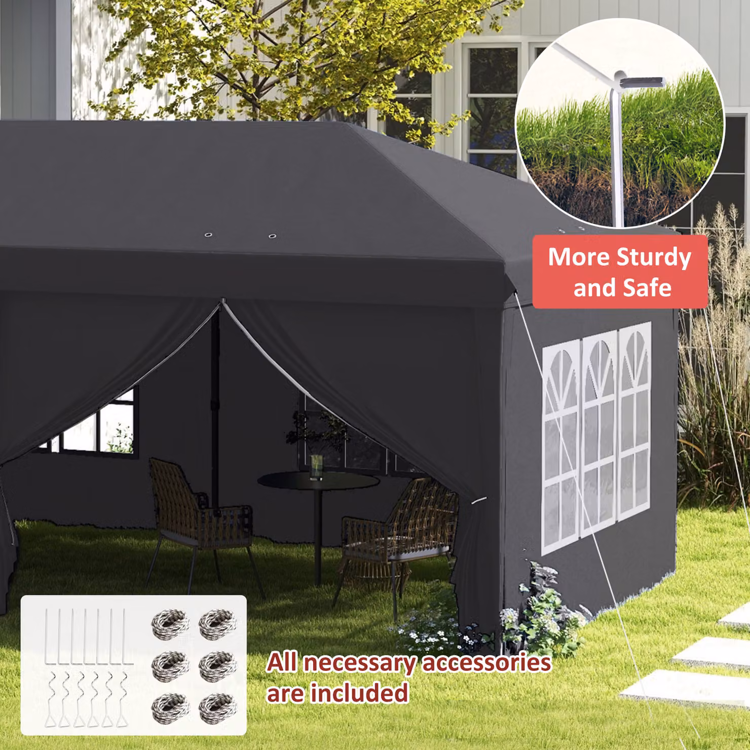 Outsunny Grey Metal Frame Pop Up Gazebo Canopy Tent with Sidewalls and Windows, W: 6 m, D: 3 m, H: 2.6 m – 6