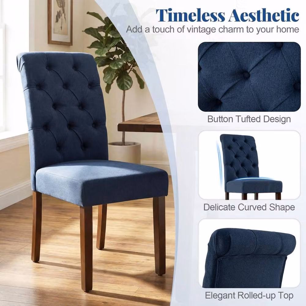 KORVIXA Set of 2 Blue Button Tufted Upholstered Fabric Dining Chairs with Wood Frame – 4