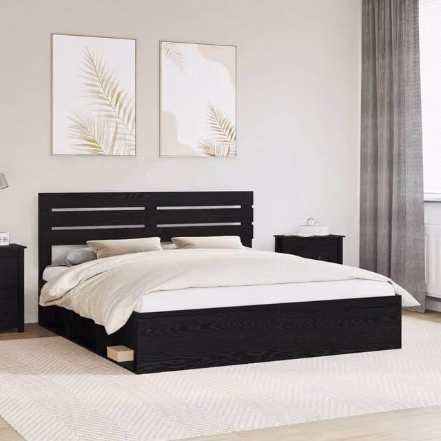 Berkfield Home Modern Bed Frame with Headboard in Black Solid Pine Wood 200 x 200 cm