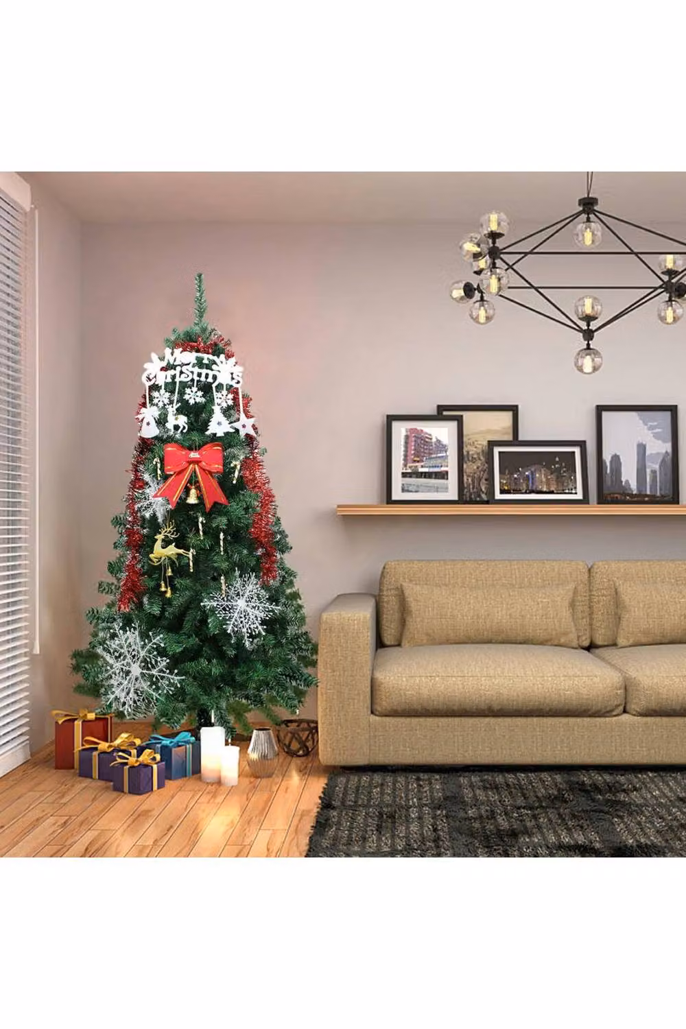 KDMD Christmas Hanging Decor Kit with Multicolour Bowknot Ribbon, Snowflake and Reindeer Pendants – 3