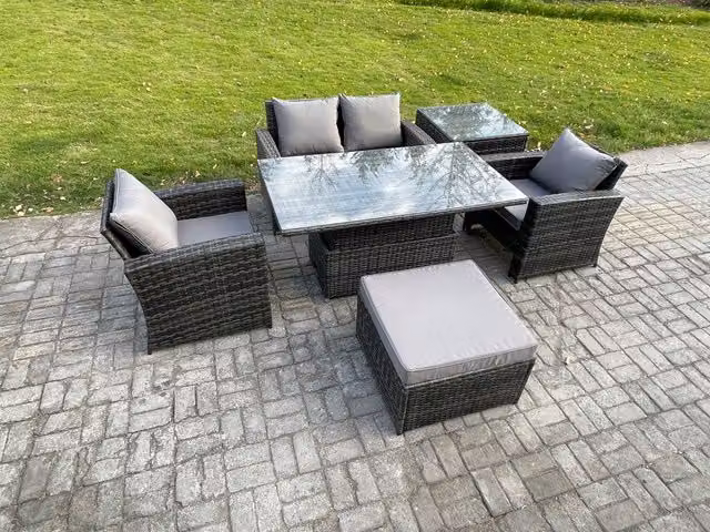 Fimous 5 Seater Rattan Outdoor Garden Dining Set with Height Adjustable Lifting Table and Side Table in Dark Grey