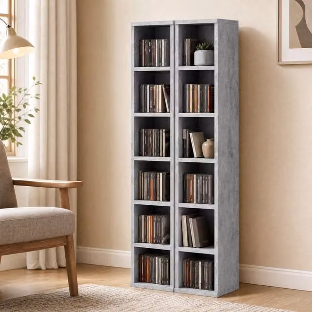 STILVORA Set of 2 Grey CD Storage Units with Adjustable Shelves