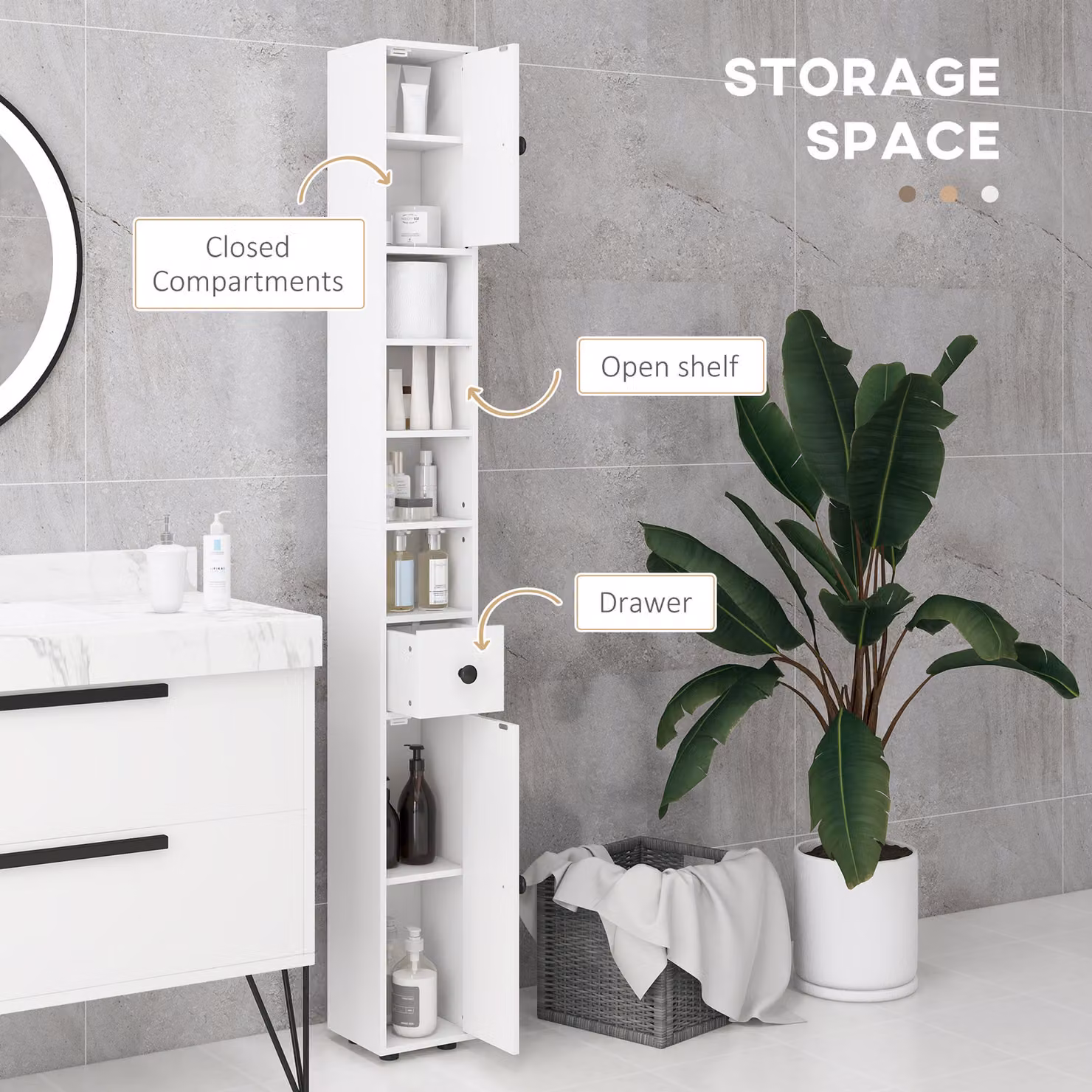 Kleankin Modern White Corner Bathroom Cabinet with Hinged Doors and Internal Shelves, Height: 180 cm – 2