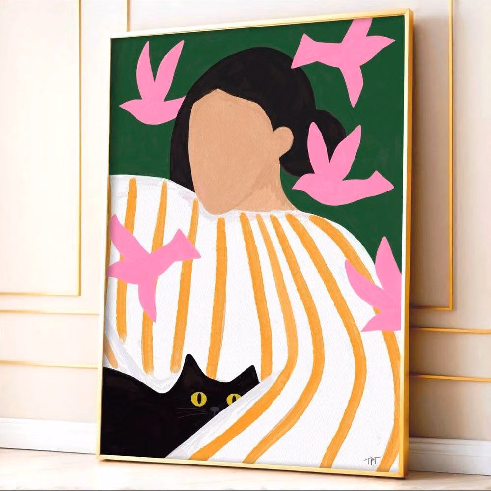 The Paper Tail Pink Birds and Black Cat Multicolour Art Print, Size: 29.7 x 42.0 cm – 3