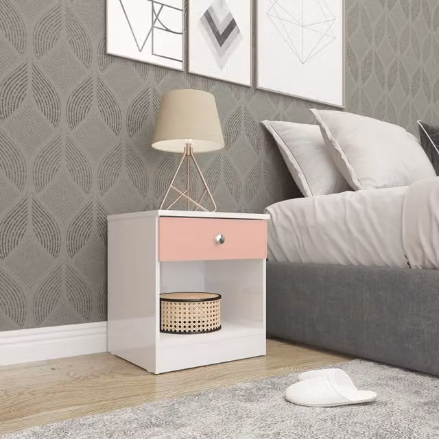 Seconique Denver 1 Drawer Bedside Table in White and Pink Gloss