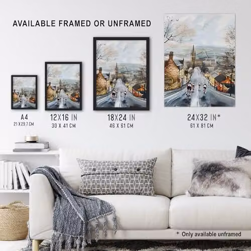 Artery8 Cyclists in Misty Yorkshire Town Street Painting Wall Art Poster Print, Multicolour, W: 45.72 cm x H: 60.96 cm – 3