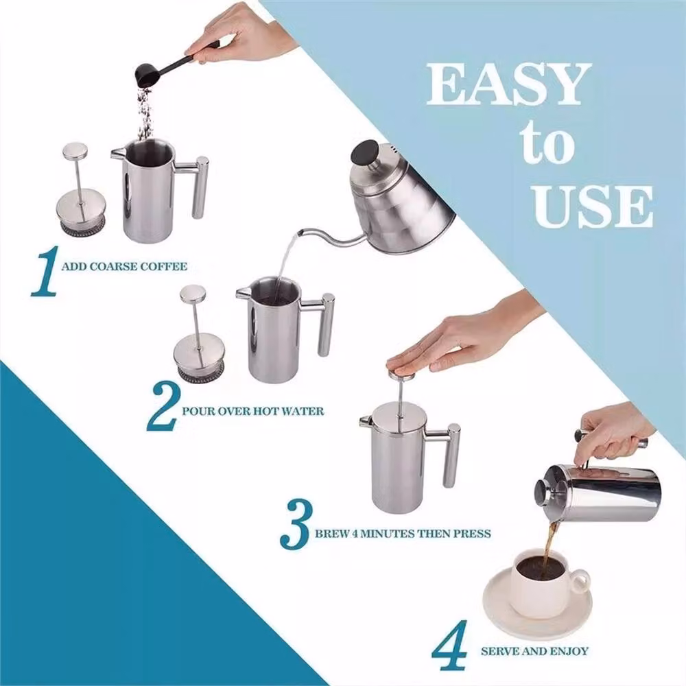 EONLION Stainless Steel Double Wall Cafetiere, Silver, 1000ml – 3
