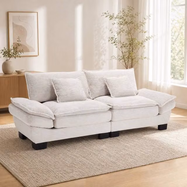 STILVORA 2 Seater Modular Sofa with Beige Corduroy Upholstery and Solid Wood Frame – 1