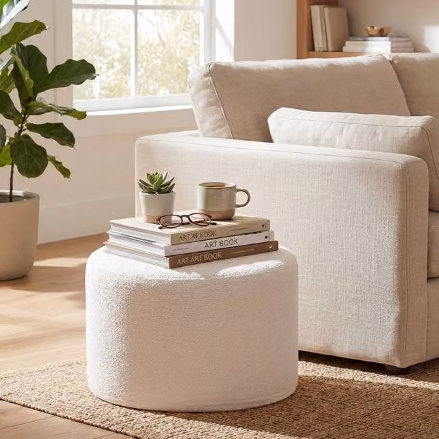 Costway Soft Foam Filled Pouf Ottoman in White with Removable Cover, W: 45 cm, D: 35 cm