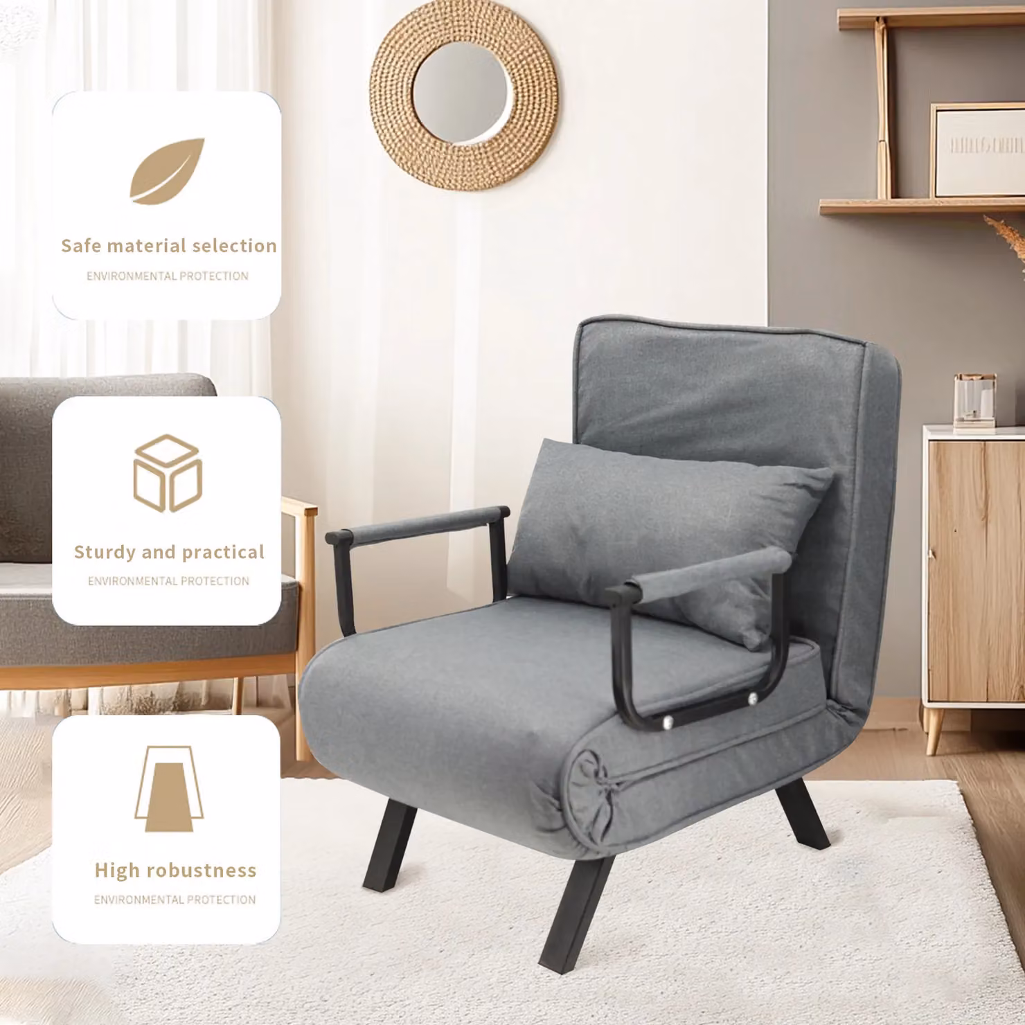 Hygrad Built to Survive 4 in 1 Foldable Single Sofa Bed Recliner with Pillow, Grey – 2