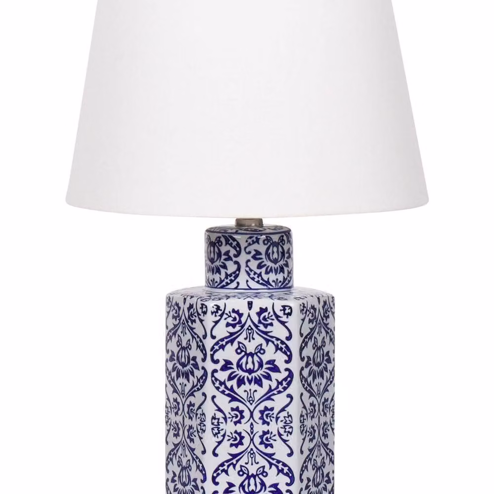 Wyld and Coco White and Blue Ceramic Table Lamp with Fabric Shade, Height: 53 cm – 2