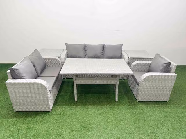 Fimous 6 Seater Outdoor Rattan Furniture Set in Grey with Rectangular Dining Table, Reclining Chair, Loveseat, 3 Seater Sofa and 2 Side Tables